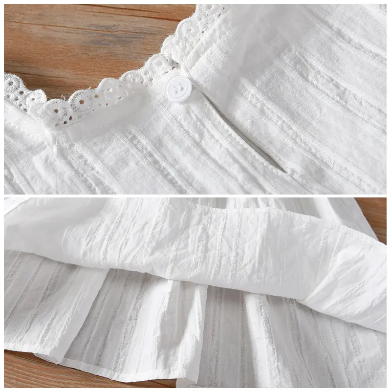 Adorable Square - Neck Puff - Sleeve White Girls' Dress with Lace Trim