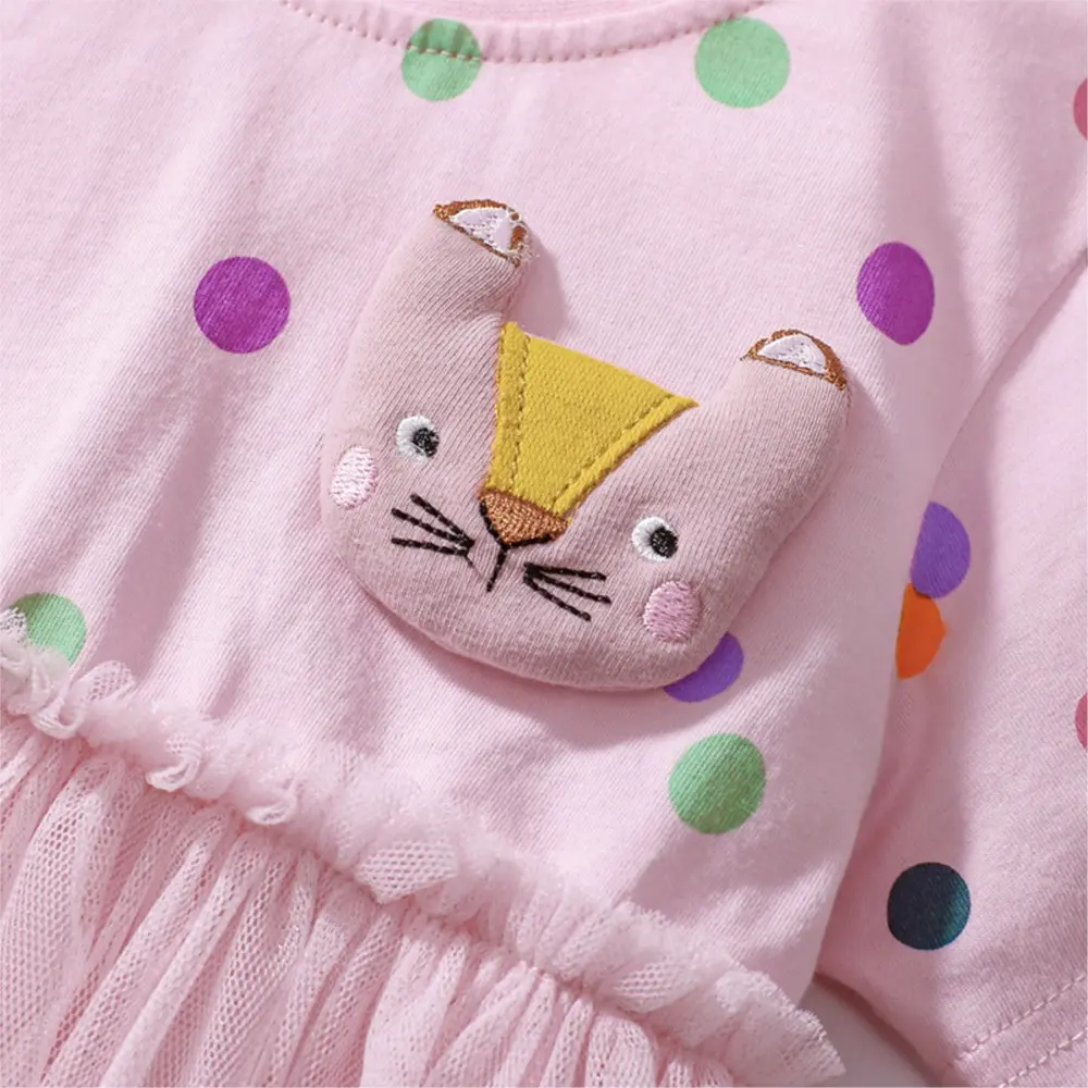 Girls' Pink Short - Sleeve Dress - with Colorful Polka Dots, Mouse - face Applique and Tulle Skirt 2-7 Years