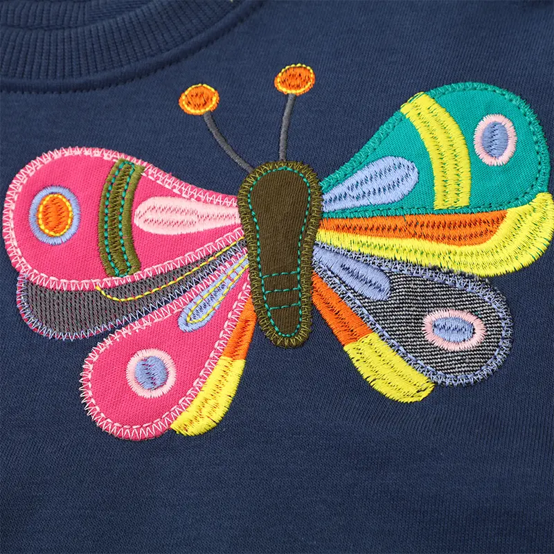 Girls' Navy Blue Long - Sleeve Sweatshirt - with Colorful Butterfly Embroidery - Suitable for Ages Girls Pullover