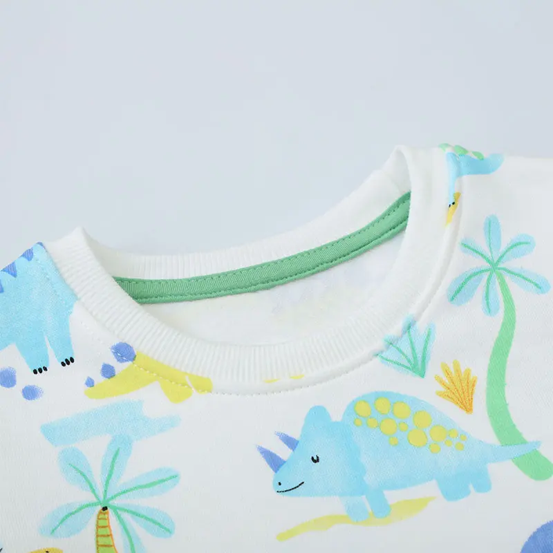 Boys' White Long - Sleeve Sweatshirt - with Colorful Dinosaur and Jungle - themed All - over Print - Suitable for Age 2-7y