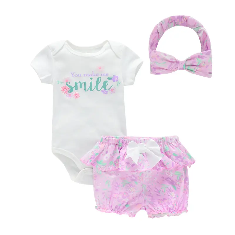 Fashion Summer New Baby Girl Clothing Short Sleeve Frilly Jumpsuit Top Printed Multi-Style Headband 3-Piece Set