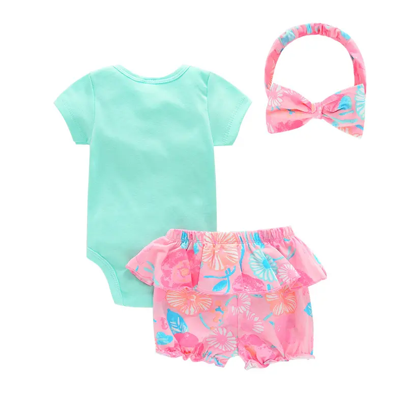 Fashion Summer New Baby Girl Clothing Short Sleeve Frilly Jumpsuit Top Printed Multi-Style Headband 3-Piece Set