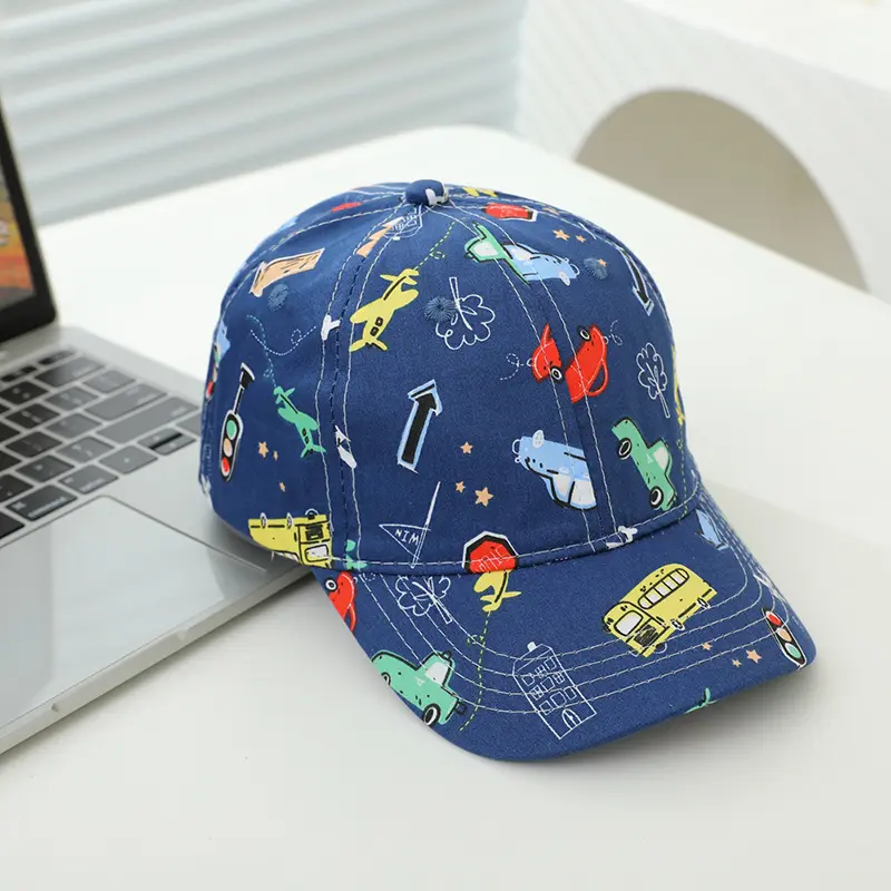 Adjustable Sports Hats Colorful Cartoon Construction Vehicle Patterned Kids' Baseball Caps for 2-8Years