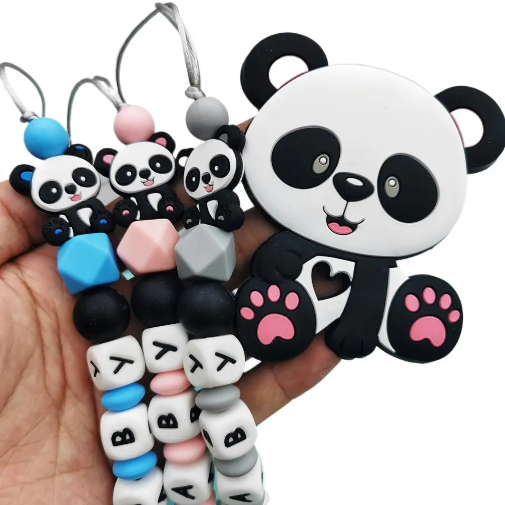 1pc Customized Name Baby Pacifier Clips Chain Silicone Beads Panda Teether Toys Dummy Holder English Name Pacifier Chain Gift