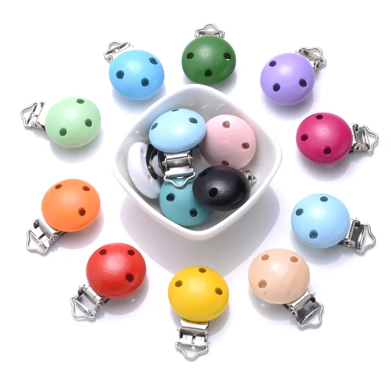 10Pcs/Lot Round Colorful Baby Pacifier Clip Wood Teether Clip For Baby Safe Teething Jewelry DIY Pacifier Chain Nipple Chain