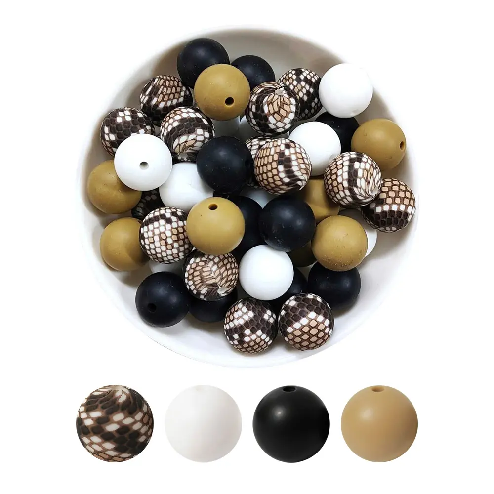 15mm 20Pcs Silicone Beads Round Print Food Grade Teething Beads for Baby Toy Soft Chew Teething DIY Pacifier Clips Necklace