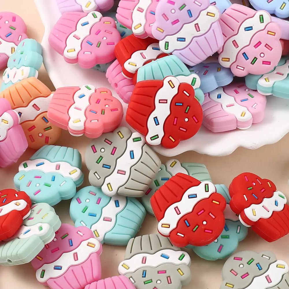 10Pcs 28x29mm Cartoon Cake Shape Silicone Chew Beads For Nursing Teether Jewelry Making DIY Pacifier Chain Necklace Bracelet