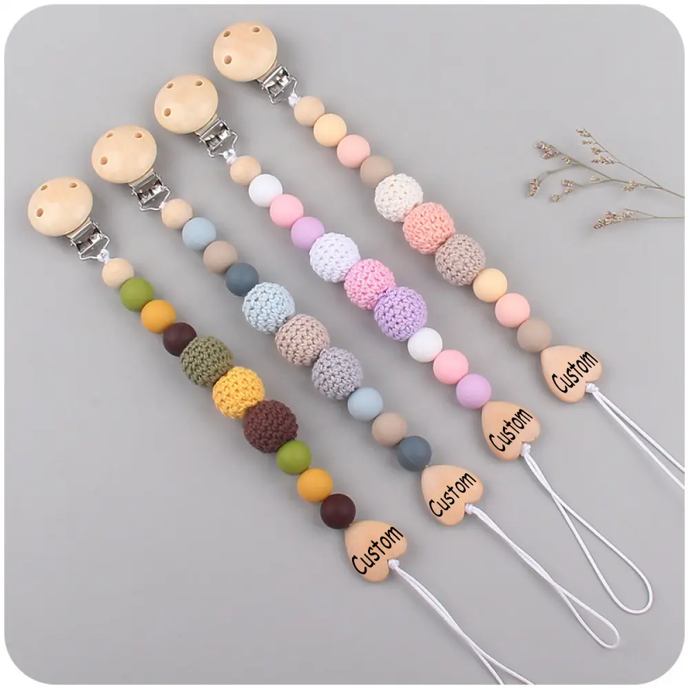 Custom Name Wood Personalized Baby Pacifier Chain Clip Silicone Beads Dummy Nipple Holder With Name Teether Pendant Baby Gift