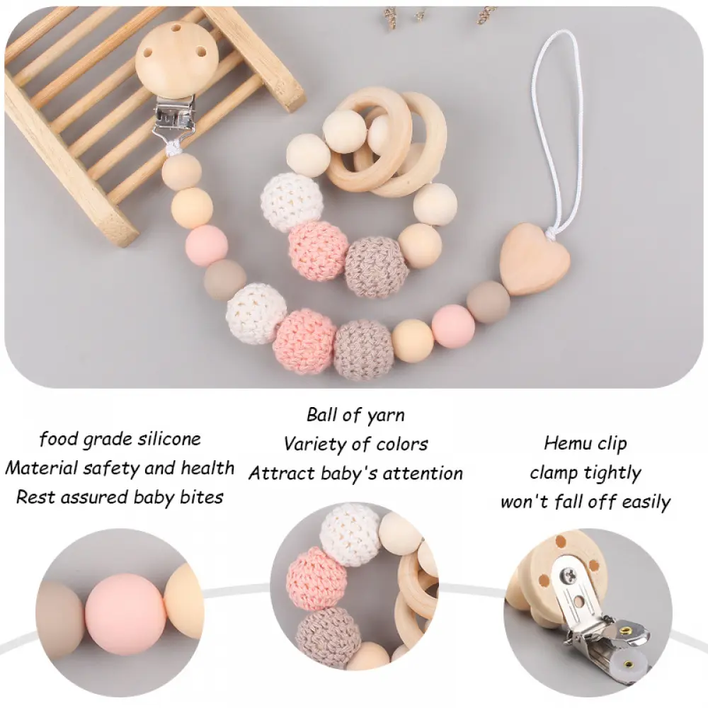 Custom Name Wood Personalized Baby Pacifier Chain Clip Silicone Beads Dummy Nipple Holder With Name Teether Pendant Baby Gift