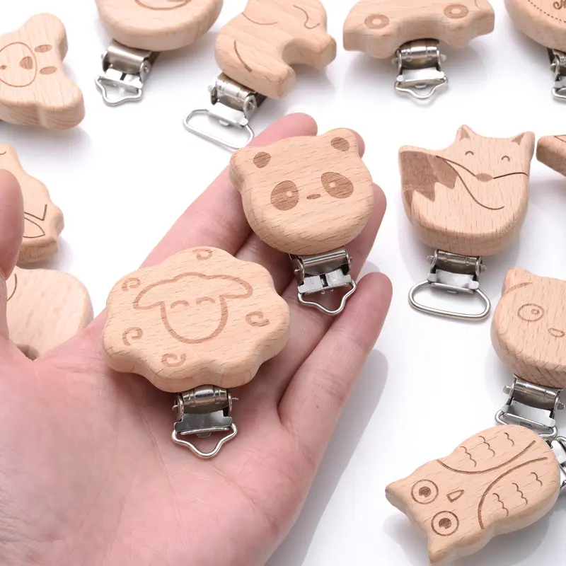 Cute Cartoon Style Wood Sucker Natural Chain 5Pcs/Lot Printing Beech Wood Teether Pacifier Clip DIY Dummy Clip Chains Accessory