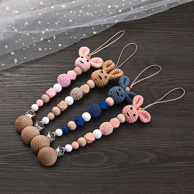 2Pcs New Baby Wooden Pacifier Clip Wood Crochet Rabbit Teething Soother Chain For Nursing Chew Toy Dummy Holder Chain BPA Free