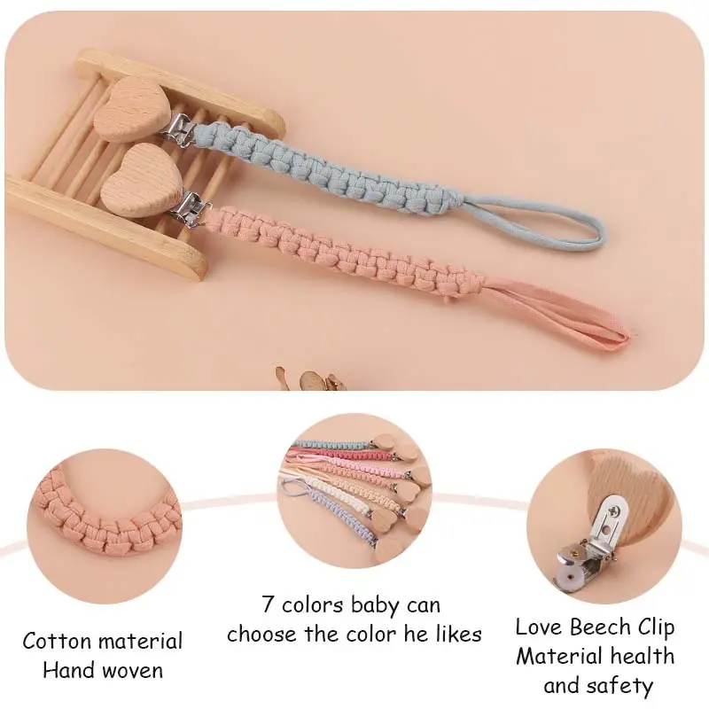 Handmade Crochet Cotton Baby Pacifier Chain Wooden Heart Shape Dummy Holder Clip For Teething Nursing Chewing Toys Shower Gift