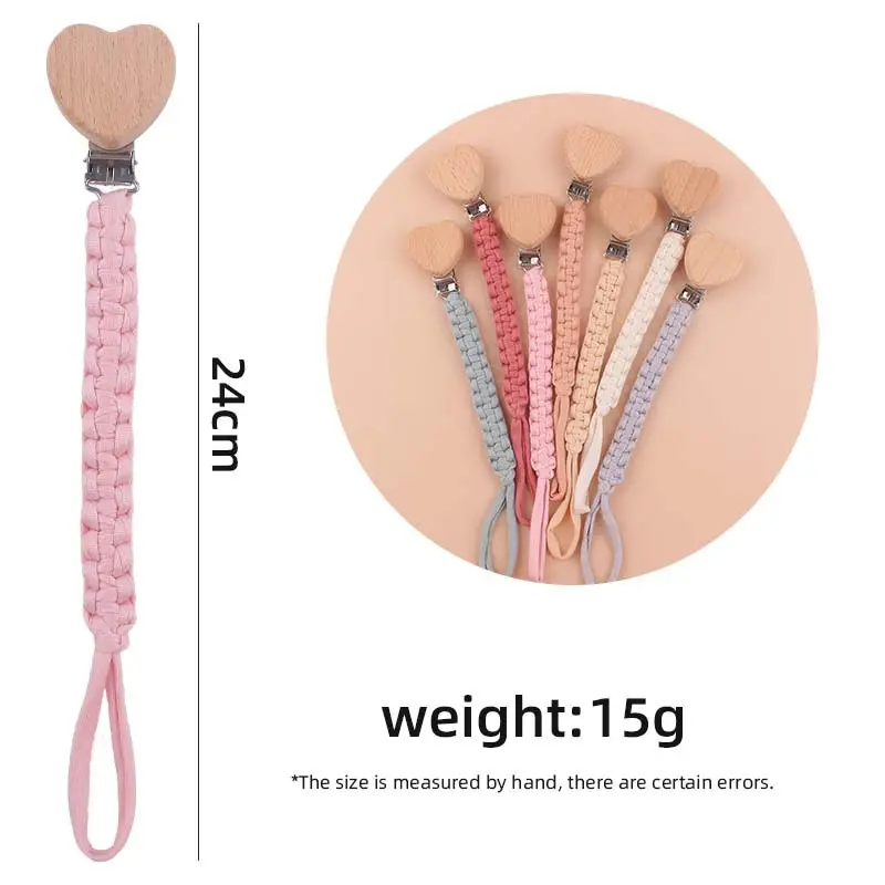 Handmade Crochet Cotton Baby Pacifier Chain Wooden Heart Shape Dummy Holder Clip For Teething Nursing Chewing Toys Shower Gift