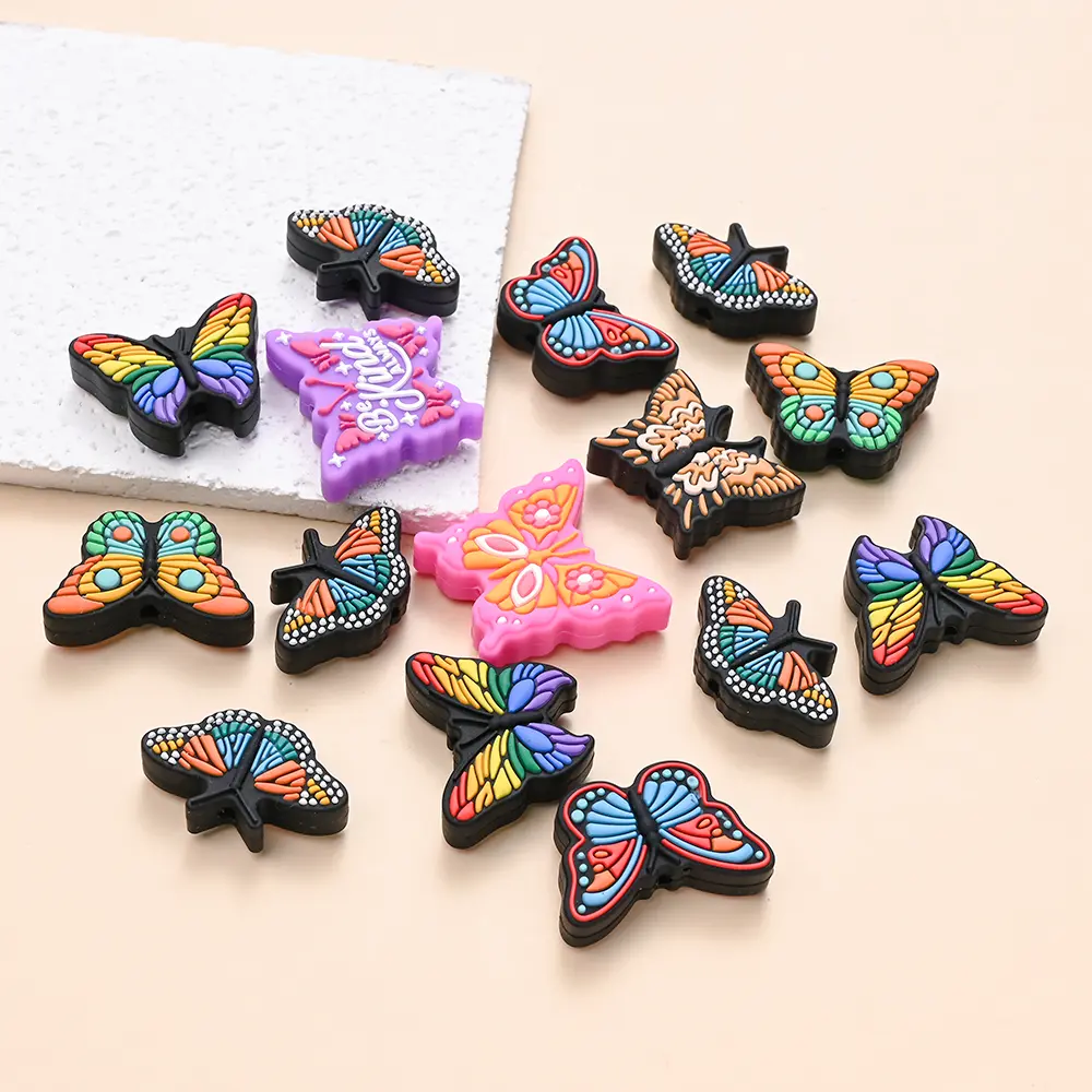 5Pcs Colorful Print Butterfly Beads Silicone Beads Food Grade Saucer Loose Beads For Baby Teether Necklace Jewelry Making