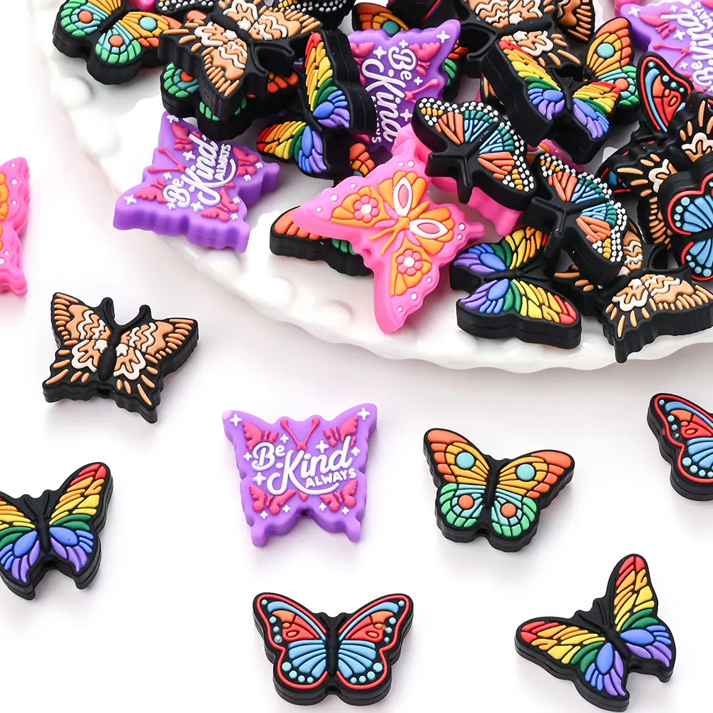 5Pcs Colorful Print Butterfly Beads Silicone Beads Food Grade Saucer Loose Beads For Baby Teether Necklace Jewelry Making