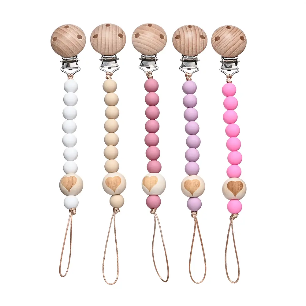 Silicone Round Beads Teething Chain For Care Soother Chew Toys Shower Gift New Baby Pacifier Chain Clips Wood Pentagram Teether