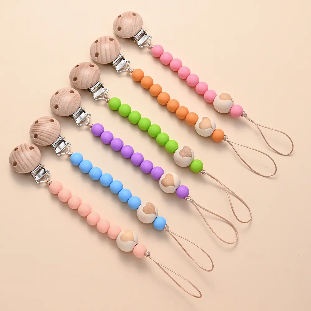 Silicone Round Beads Teething Chain For Care Soother Chew Toys Shower Gift New Baby Pacifier Chain Clips Wood Pentagram Teether