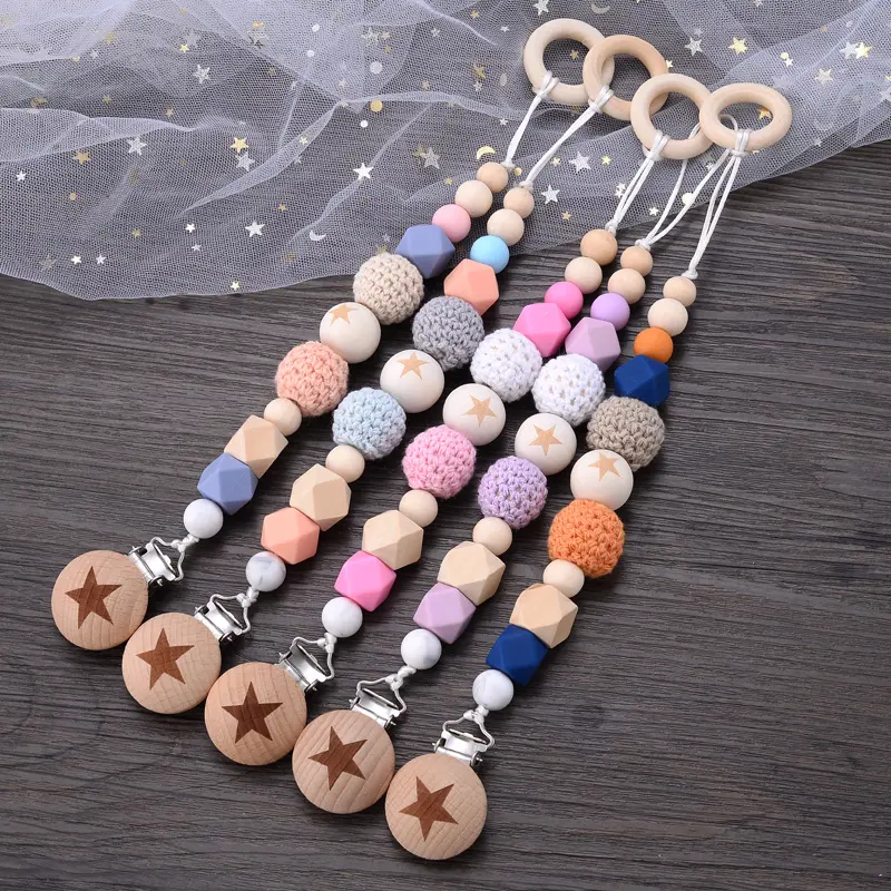 Baby Pacifier Clips Silicone Beads Wooden Crochet Ball Teething Ring Chain Nipple Clamp Dummy Holder Clip Chew Accessories