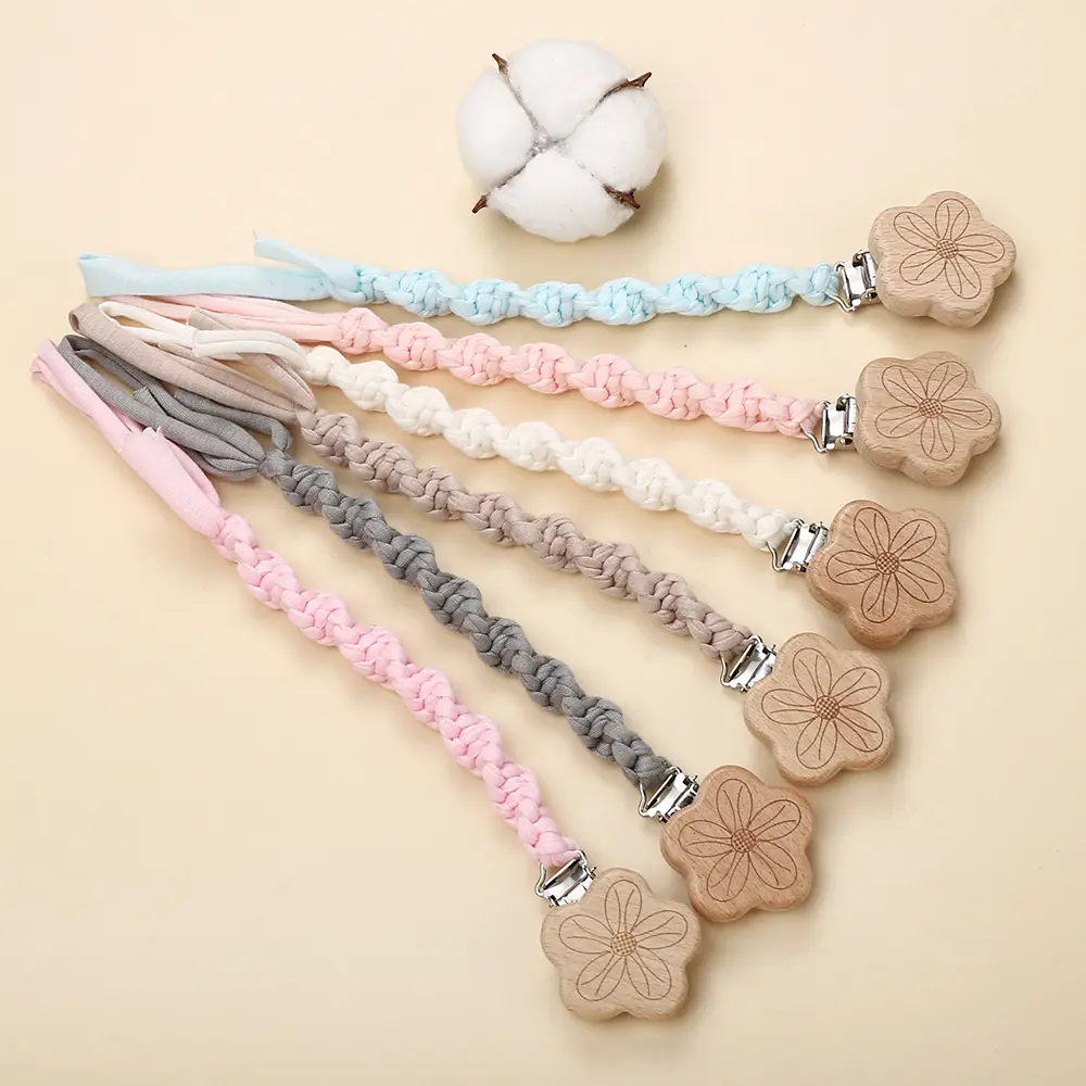 Flower Beech Wood Clip Baby Pacifier Clip Handmade Cloth Chain Newborn Pacifiers Clips Dummy Holder Teething Toys Nipple Chains