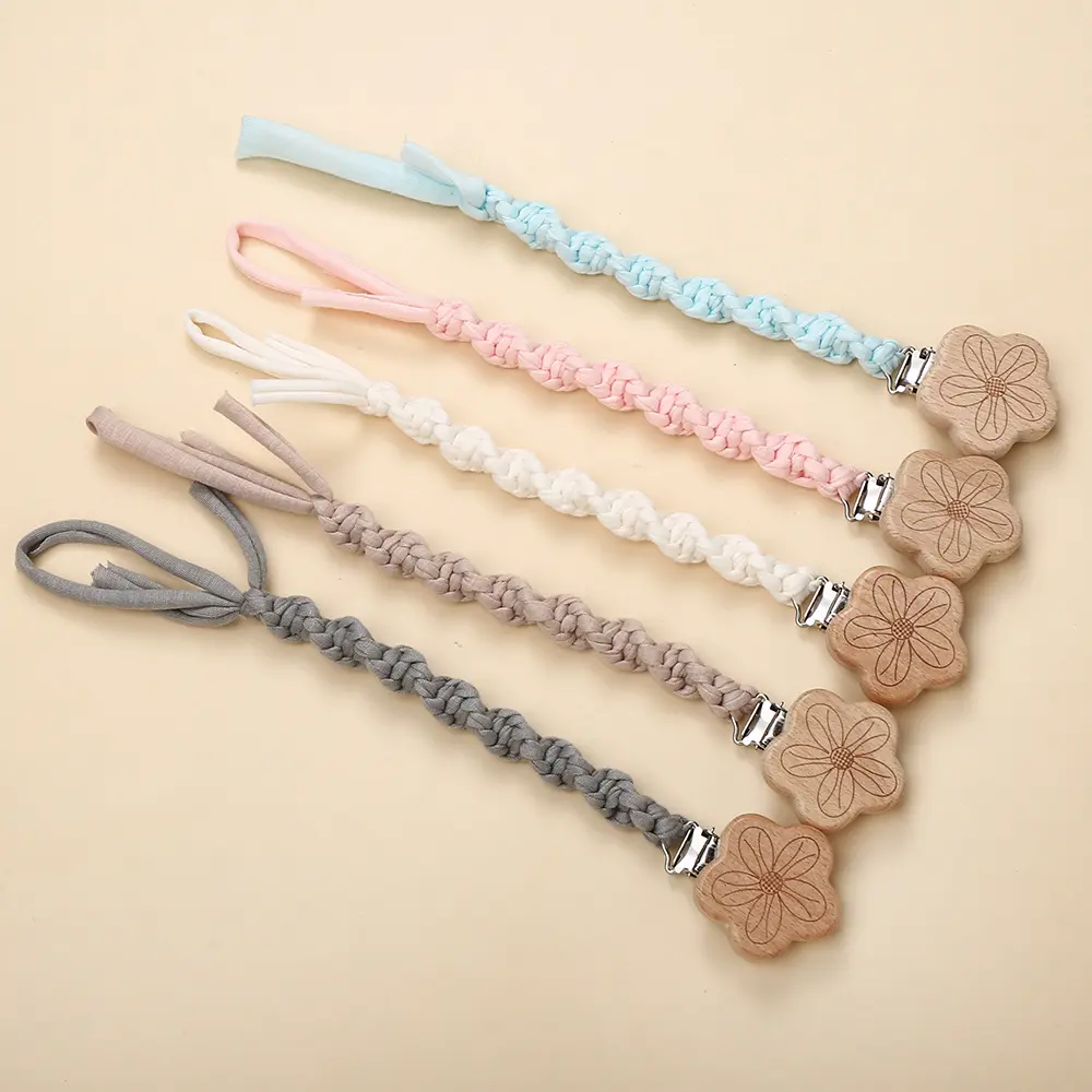 Flower Beech Wood Clip Baby Pacifier Clip Handmade Cloth Chain Newborn Pacifiers Clips Dummy Holder Teething Toys Nipple Chains