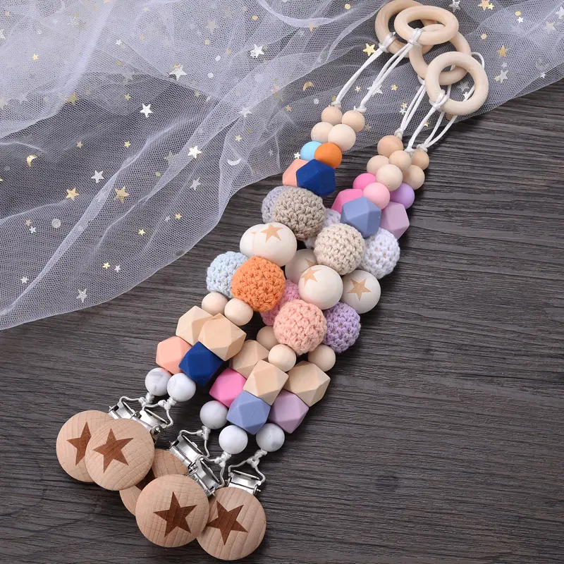 Baby Pacifier Clips Silicone Beads Wooden Crochet Ball Teething Ring Chain Nipple Clamp Dummy Holder Clip Chew Accessories