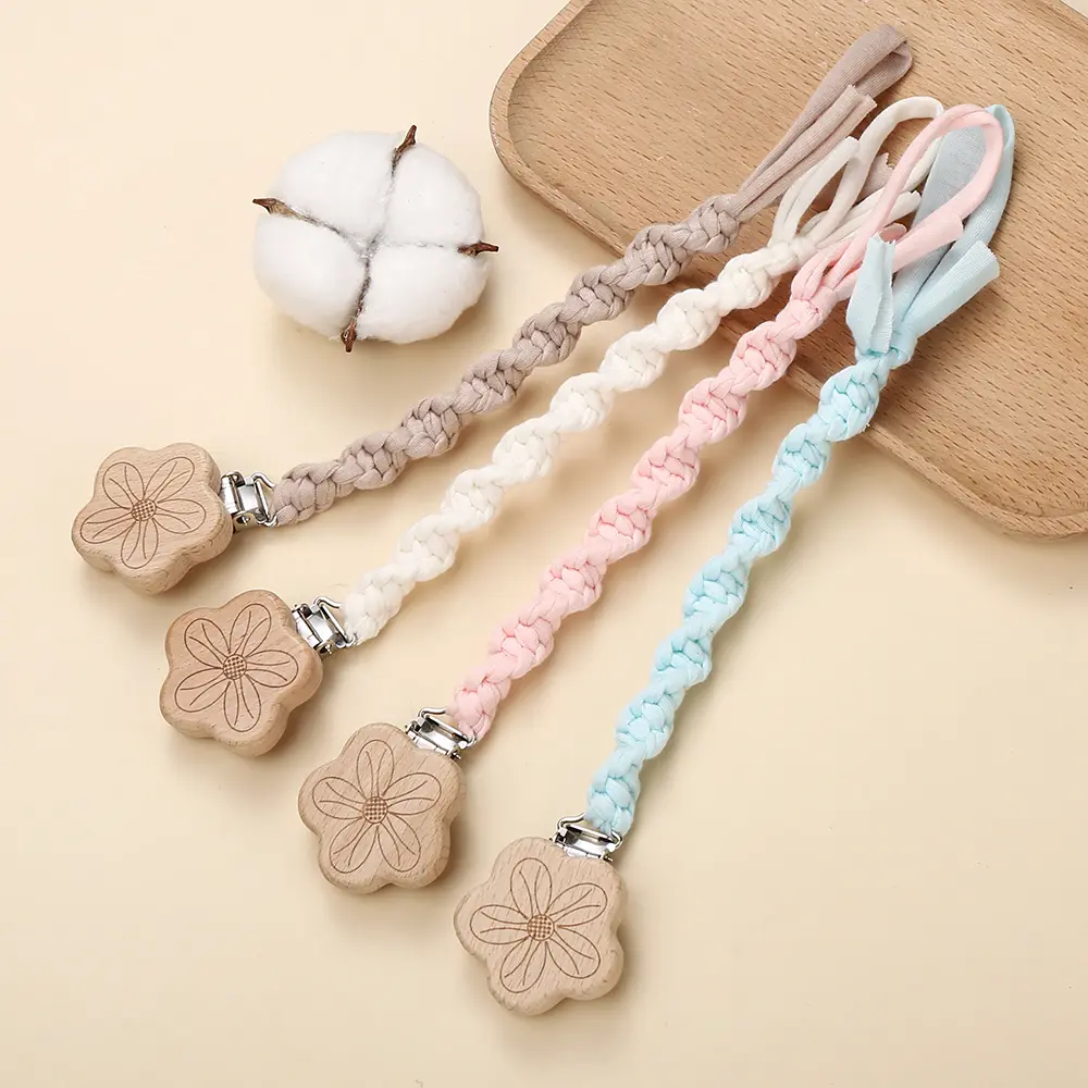 Flower Beech Wood Clip Baby Pacifier Clip Handmade Cloth Chain Newborn Pacifiers Clips Dummy Holder Teething Toys Nipple Chains