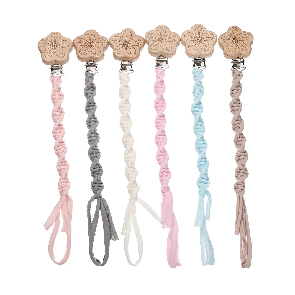 Flower Beech Wood Clip Baby Pacifier Clip Handmade Cloth Chain Newborn Pacifiers Clips Dummy Holder Teething Toys Nipple Chains