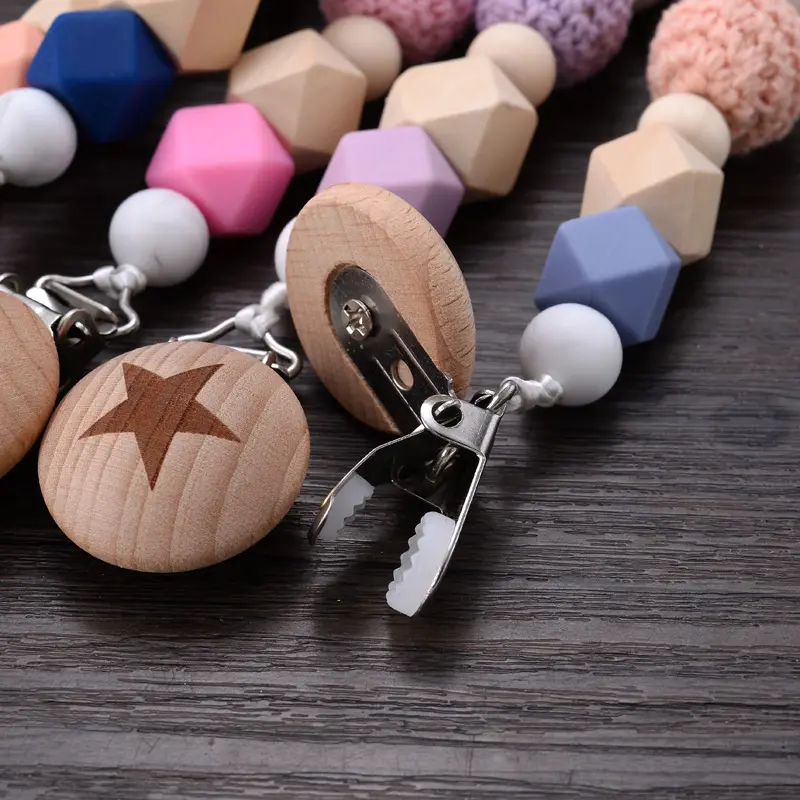 Baby Pacifier Clips Silicone Beads Wooden Crochet Ball Teething Ring Chain Nipple Clamp Dummy Holder Clip Chew Accessories