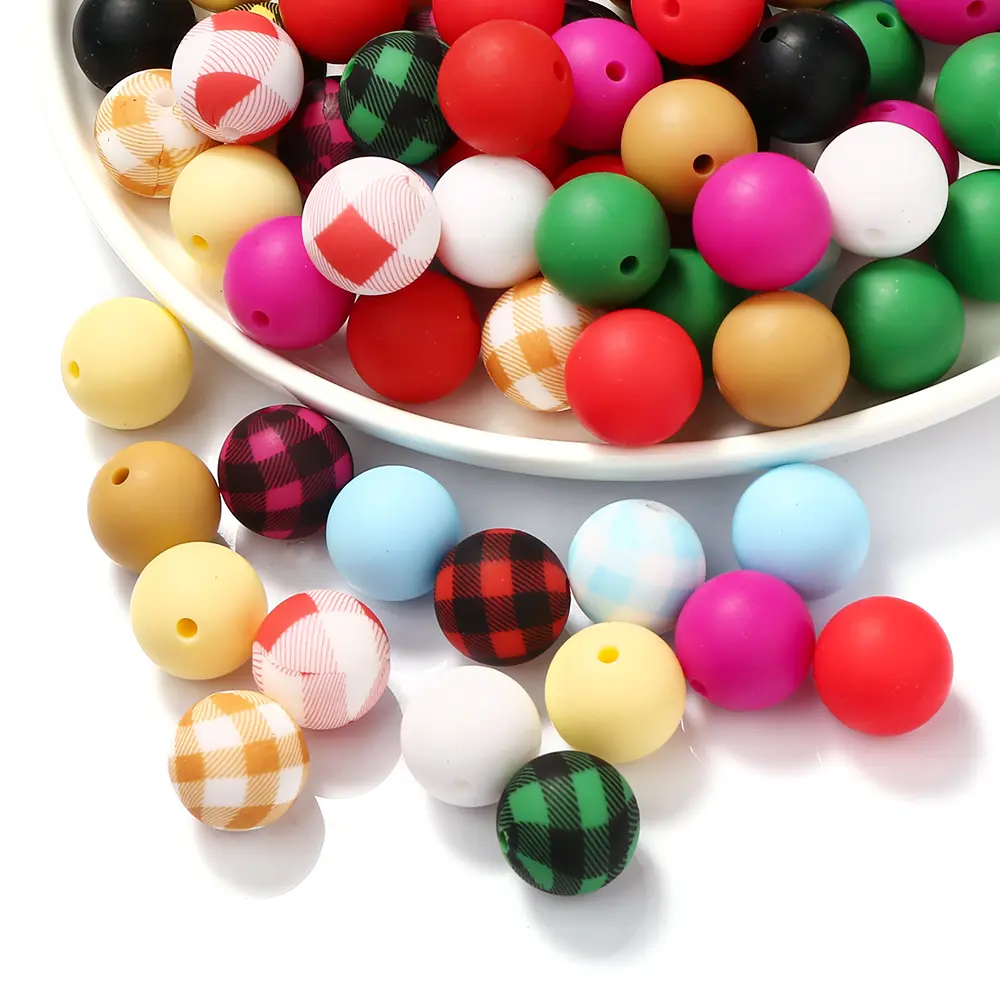 10Pcs Silicone 15mm Round Checkered Print Teether Beads Food Grade DIY Pacifier Chain Bracelet Baby Teething Teether Accessories