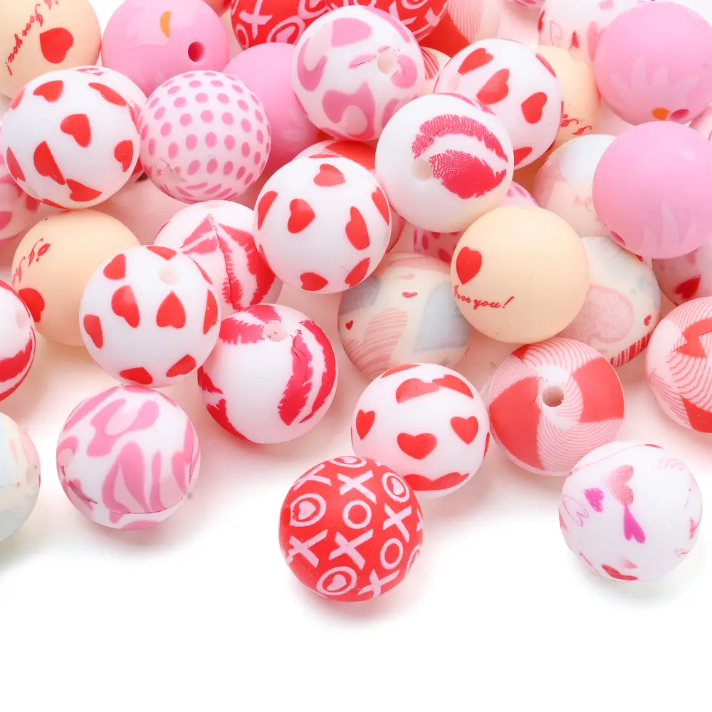 10Pcs 15mm Baby Infant Nipple Appeal Other Chain Clips Dummy Holder Nipple Accessories Pink Love Print Food Grade Silicone Beads