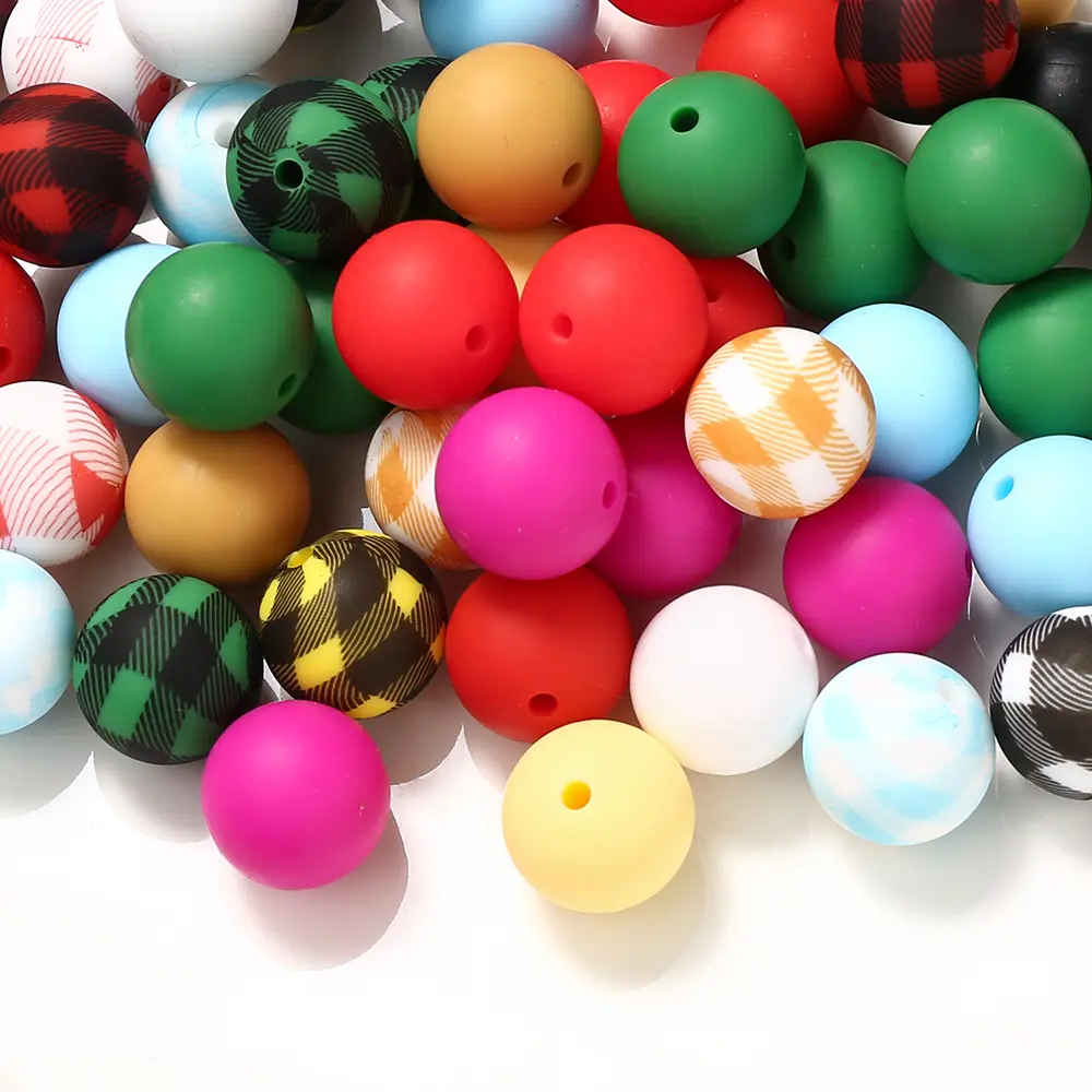 10Pcs Silicone 15mm Round Checkered Print Teether Beads Food Grade DIY Pacifier Chain Bracelet Baby Teething Teether Accessories