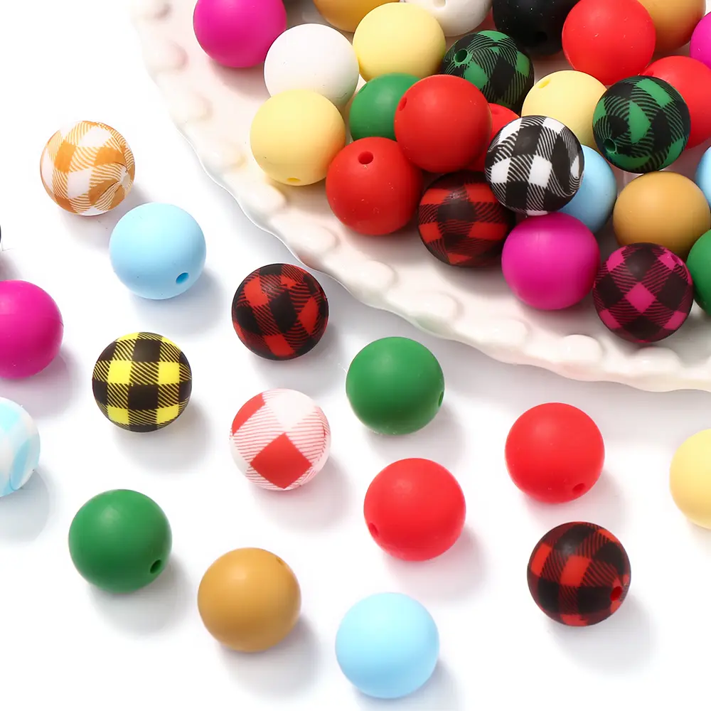 10Pcs Silicone 15mm Round Checkered Print Teether Beads Food Grade DIY Pacifier Chain Bracelet Baby Teething Teether Accessories