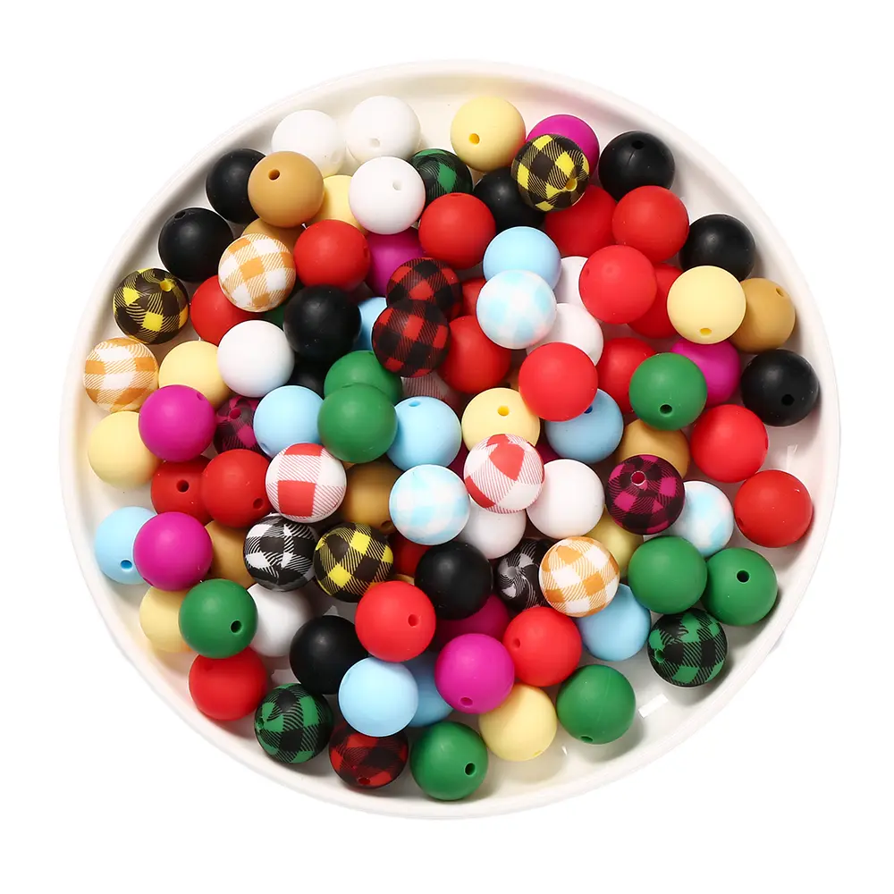 10Pcs Silicone 15mm Round Checkered Print Teether Beads Food Grade DIY Pacifier Chain Bracelet Baby Teething Teether Accessories