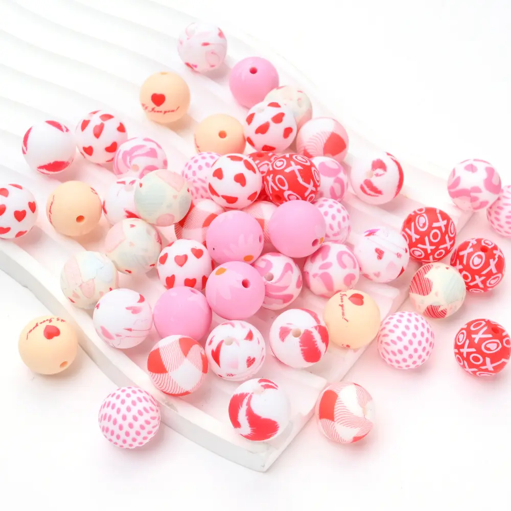 10Pcs 15mm Baby Infant Nipple Appeal Other Chain Clips Dummy Holder Nipple Accessories Pink Love Print Food Grade Silicone Beads