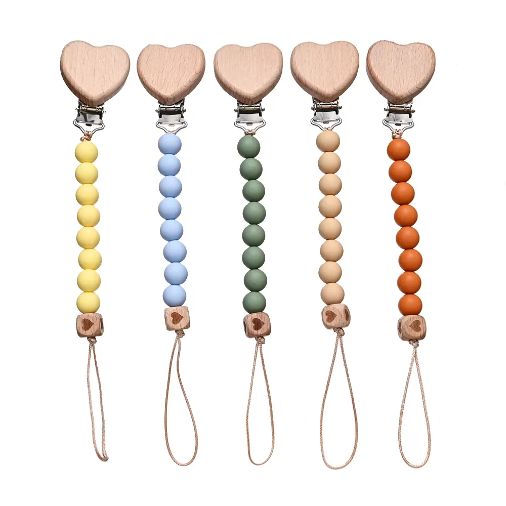 Pendant for Newborn Toys Gift New Beech Wooden Heart Beads Baby Pacifier Chain Clip  Silicone Beads Dummy Nipple Holder Teether
