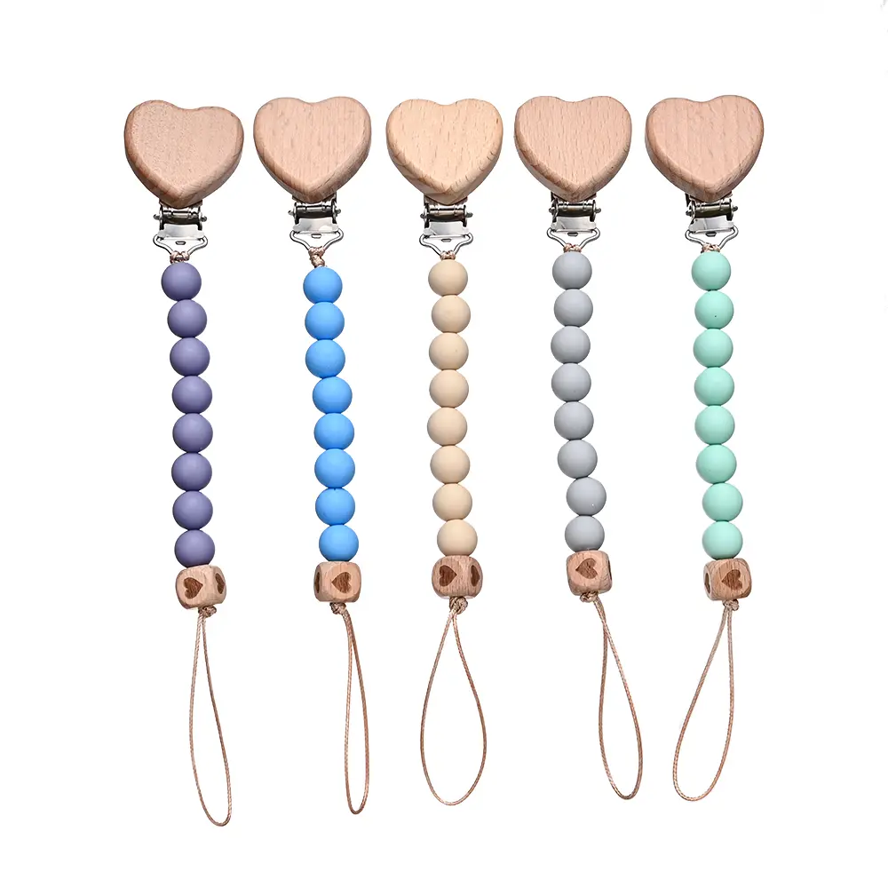Pendant for Newborn Toys Gift New Beech Wooden Heart Beads Baby Pacifier Chain Clip  Silicone Beads Dummy Nipple Holder Teether
