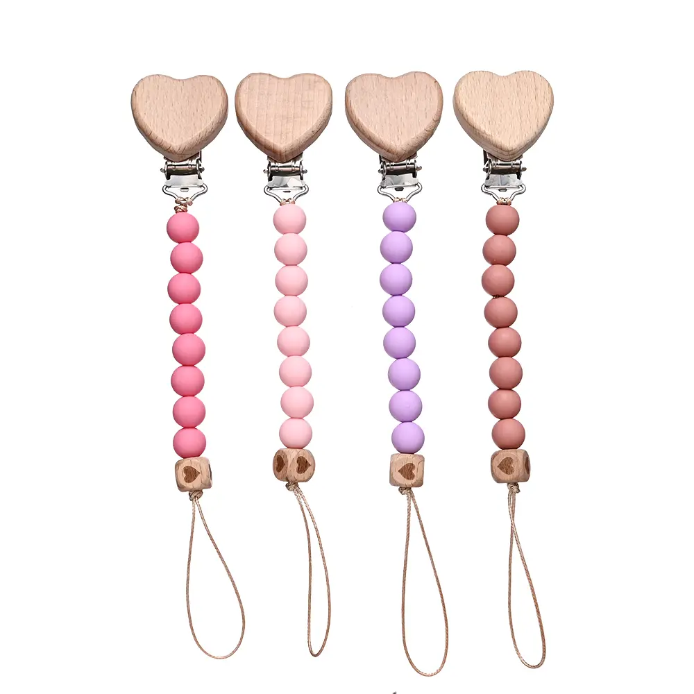 Pendant for Newborn Toys Gift New Beech Wooden Heart Beads Baby Pacifier Chain Clip  Silicone Beads Dummy Nipple Holder Teether