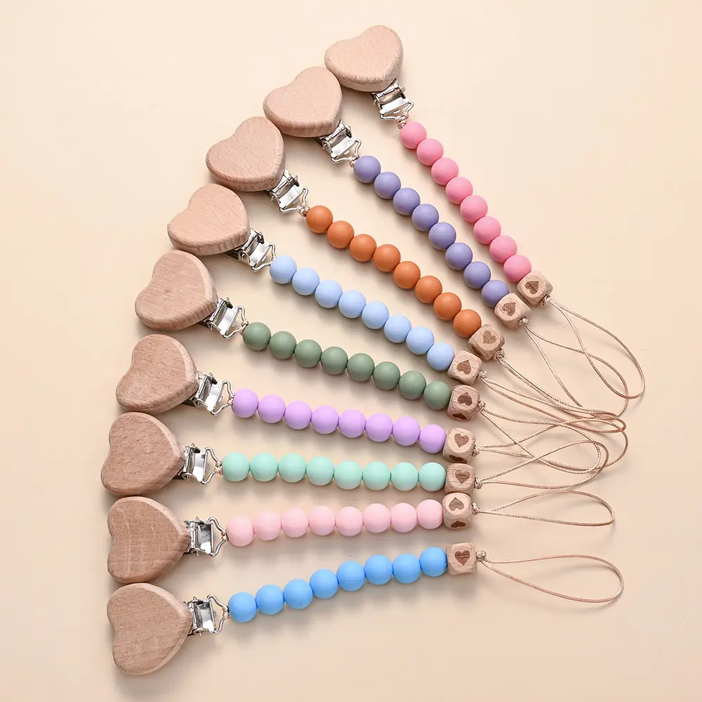 Pendant for Newborn Toys Gift New Beech Wooden Heart Beads Baby Pacifier Chain Clip  Silicone Beads Dummy Nipple Holder Teether