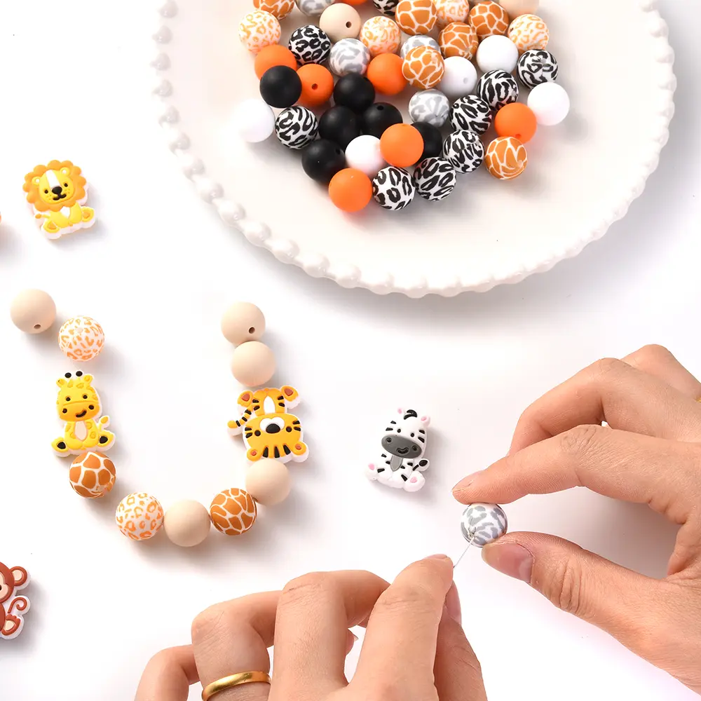 66Pcs Baby Teether Animal Silicone Beads Set Food Grade for Newborn Diy Nursing Chew Mix Round Teether Beads Toy Pacifier Chain