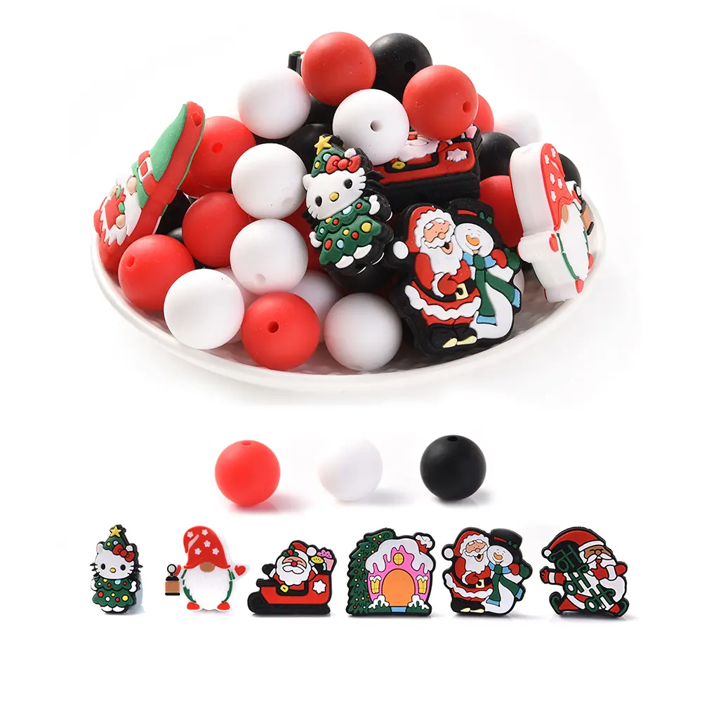 66Pcs Silicone Bead Christmas Gifts Santa Claus Pacifier Chain Making Food Grade for Baby Nursing Chew Teether Toy Accessories