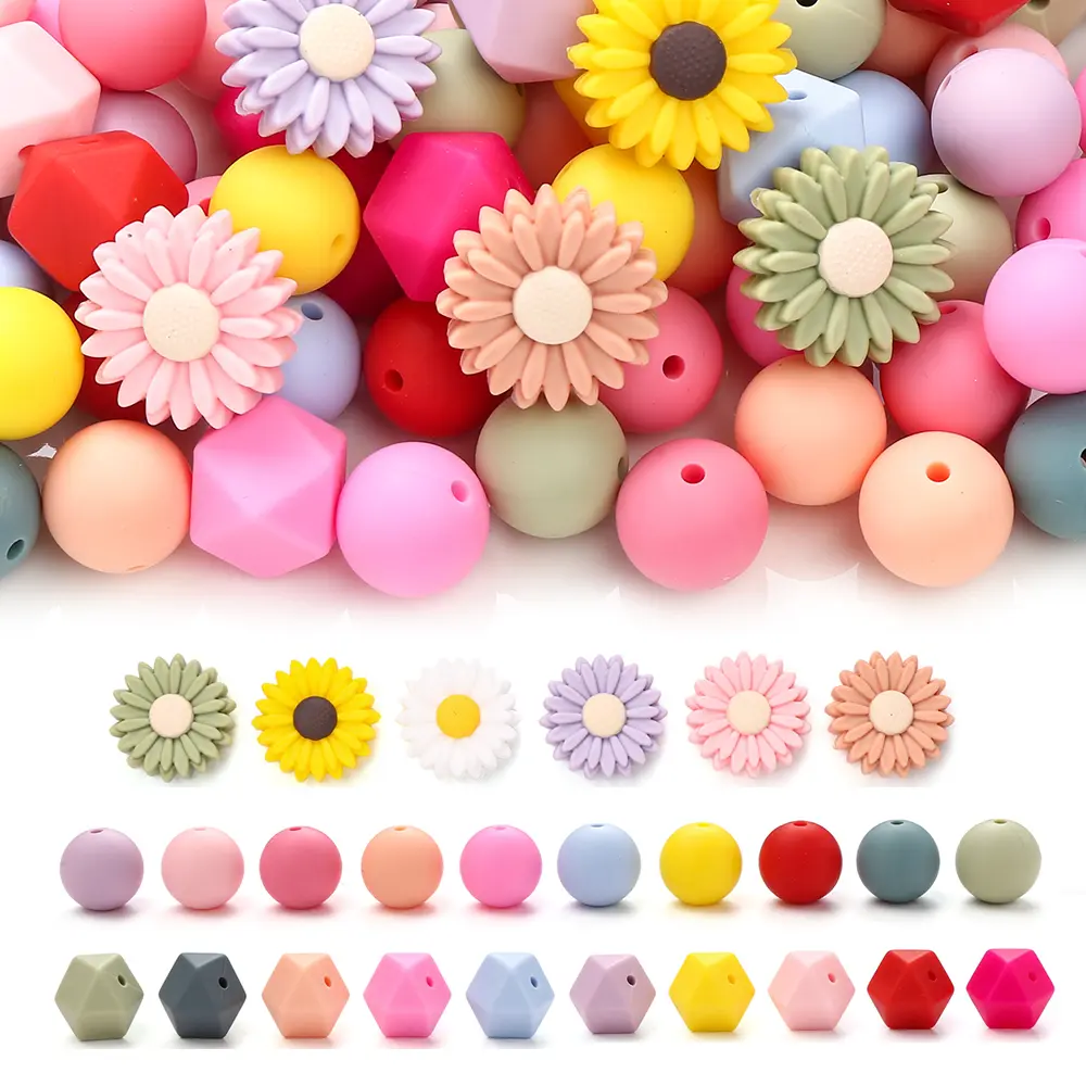 66Pcs New Baby Daisy Silicone Beads Sunflower Teethers Food Grade Teether Bpa-Free for Baby Teething Chew Toys Chain Accessories