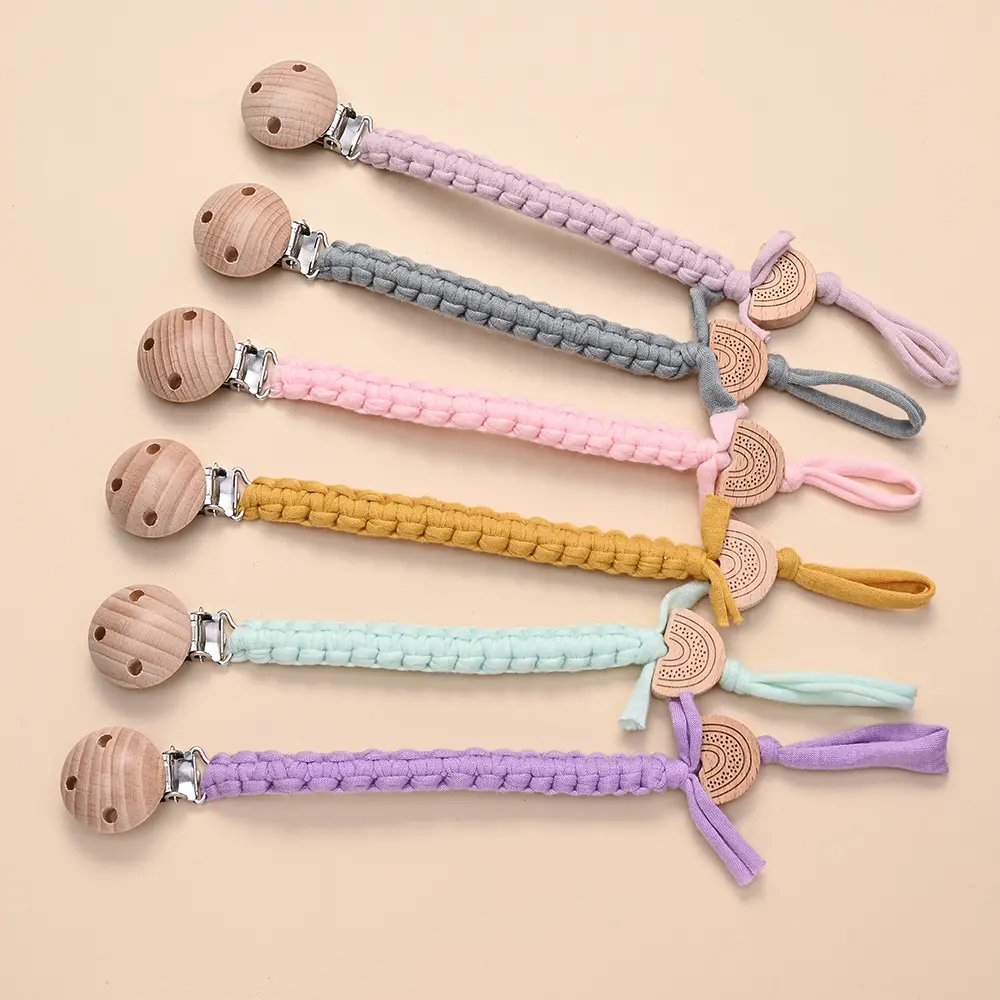 Baby Pacifier Chain Clip Weave Dummy Nipple Holder Teether Pendant for Newborn Toys Gift New Beech Wooden Rainbow Beads