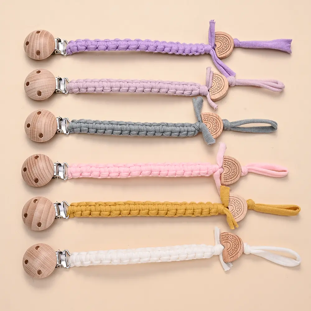 Baby Pacifier Chain Clip Weave Dummy Nipple Holder Teether Pendant for Newborn Toys Gift New Beech Wooden Rainbow Beads