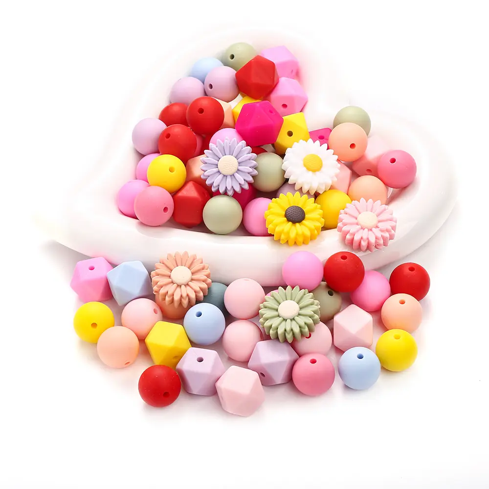 66Pcs New Baby Daisy Silicone Beads Sunflower Teethers Food Grade Teether Bpa-Free for Baby Teething Chew Toys Chain Accessories