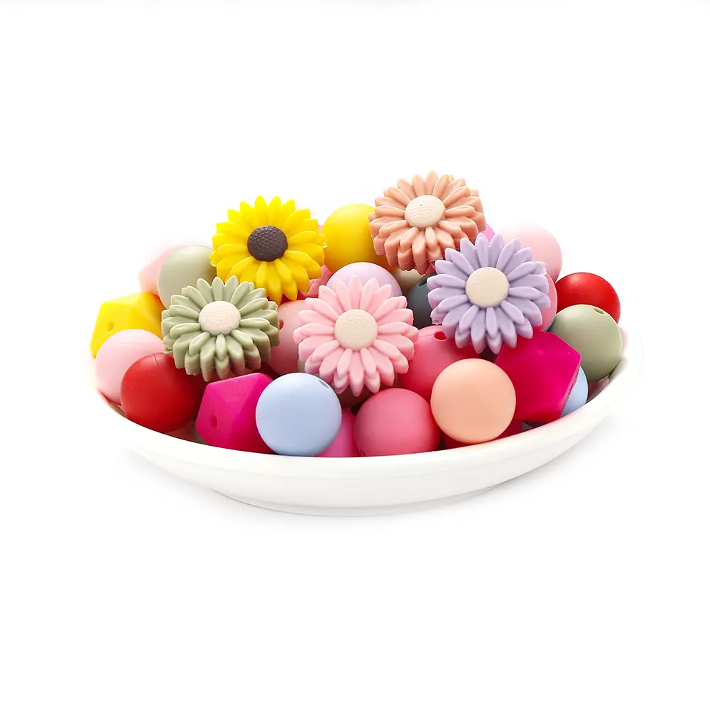 66Pcs New Baby Daisy Silicone Beads Sunflower Teethers Food Grade Teether Bpa-Free for Baby Teething Chew Toys Chain Accessories