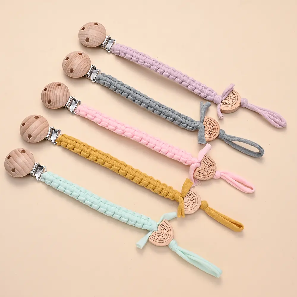 Baby Pacifier Chain Clip Weave Dummy Nipple Holder Teether Pendant for Newborn Toys Gift New Beech Wooden Rainbow Beads