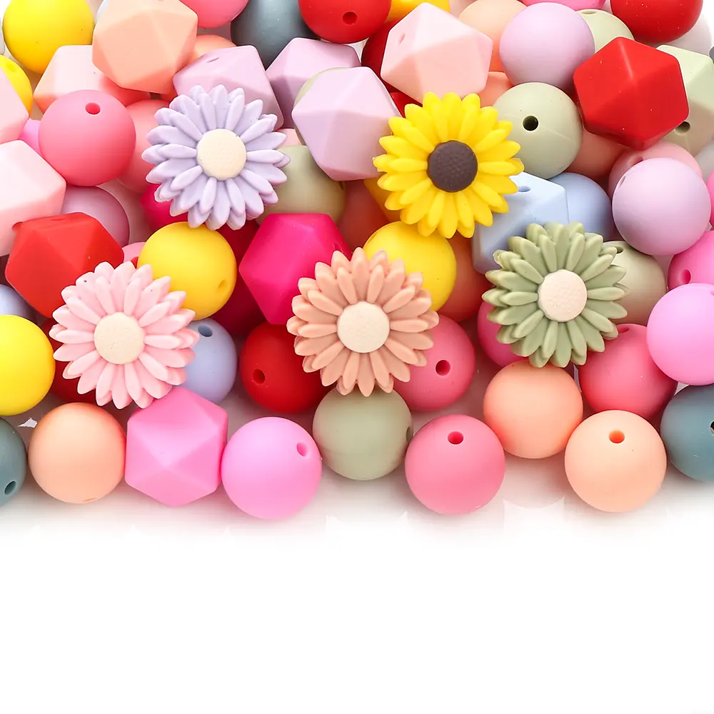 66Pcs New Baby Daisy Silicone Beads Sunflower Teethers Food Grade Teether Bpa-Free for Baby Teething Chew Toys Chain Accessories