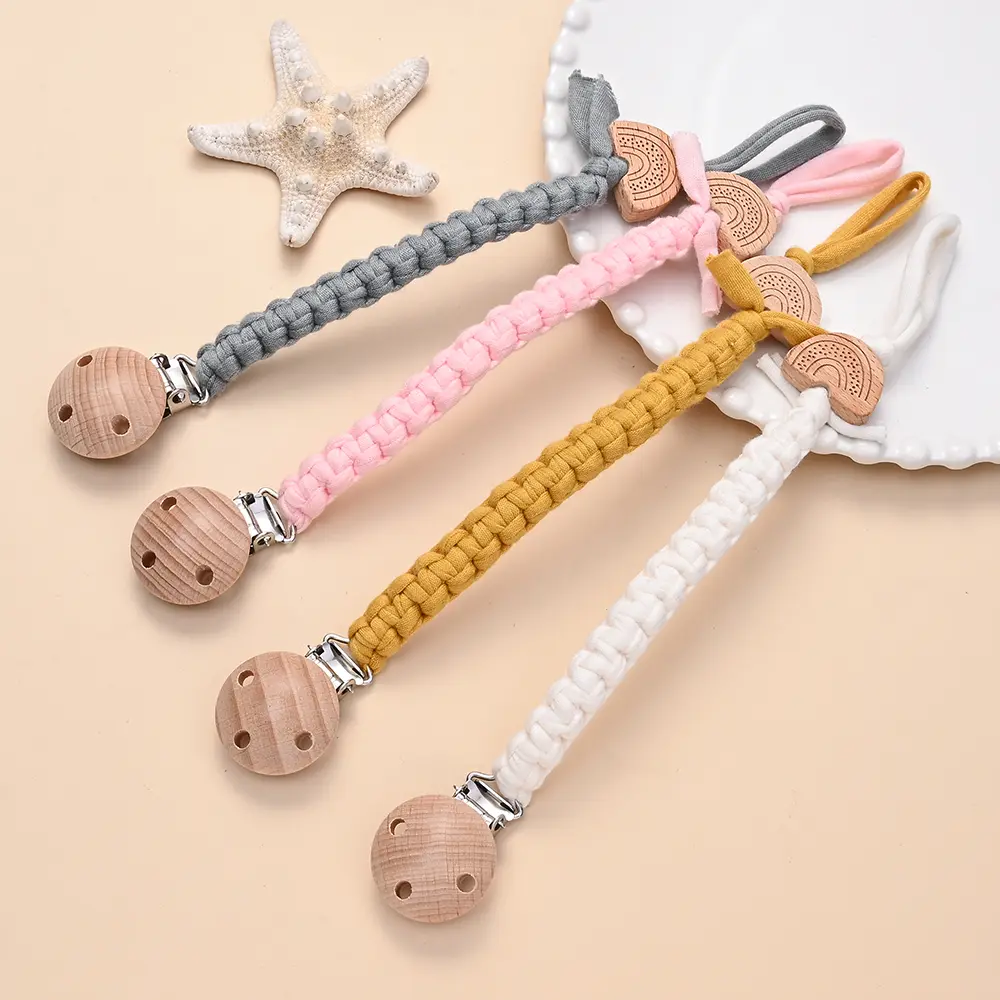 Baby Pacifier Chain Clip Weave Dummy Nipple Holder Teether Pendant for Newborn Toys Gift New Beech Wooden Rainbow Beads