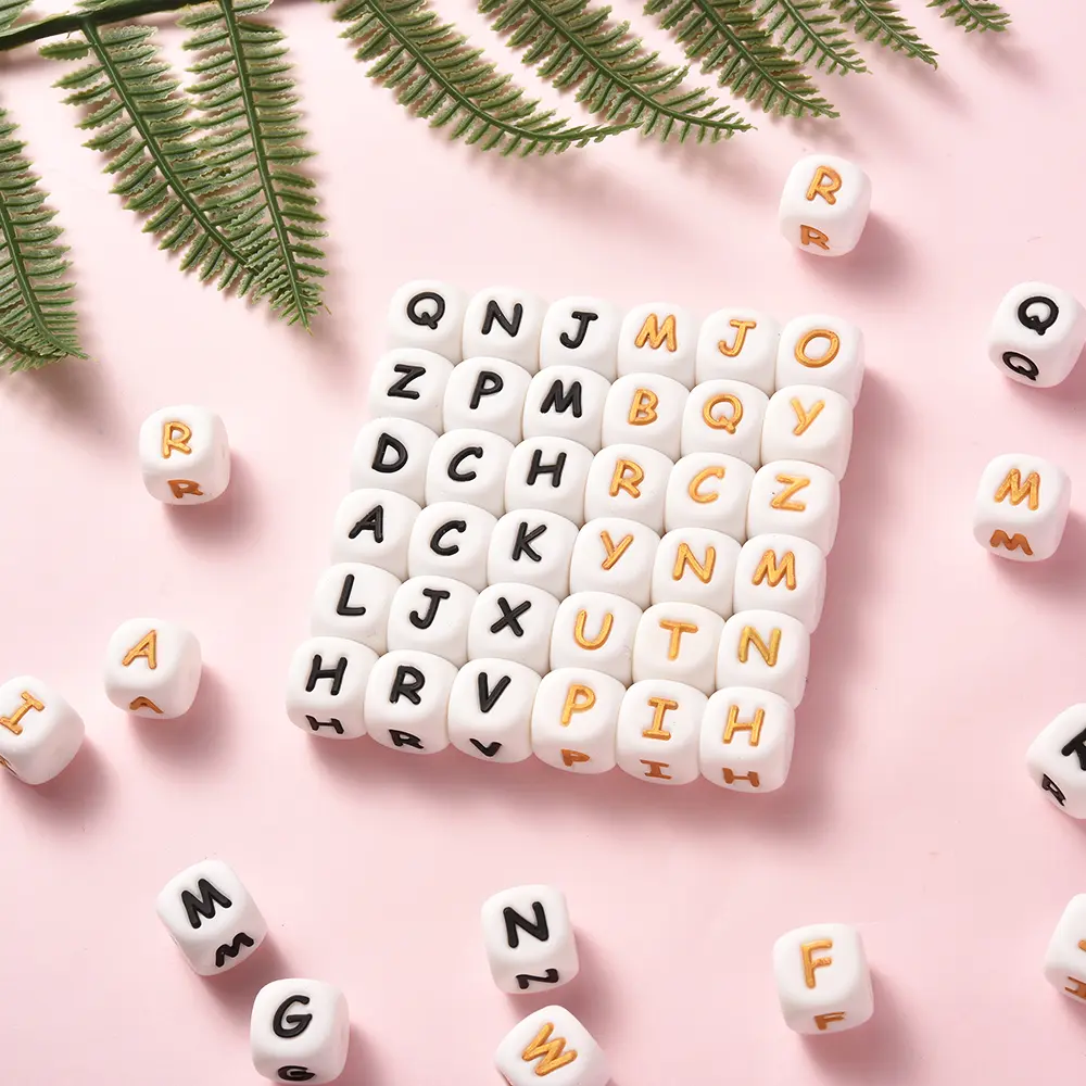 10Pcs 12mm Silicone Beads Letters Golden Black English Alphabet Letter Bead Bpa Free Material for Diy Chew Necklace Teether Toys