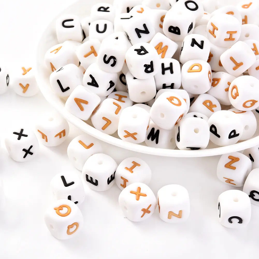 10Pcs 12mm Silicone Beads Letters Golden Black English Alphabet Letter Bead Bpa Free Material for Diy Chew Necklace Teether Toys